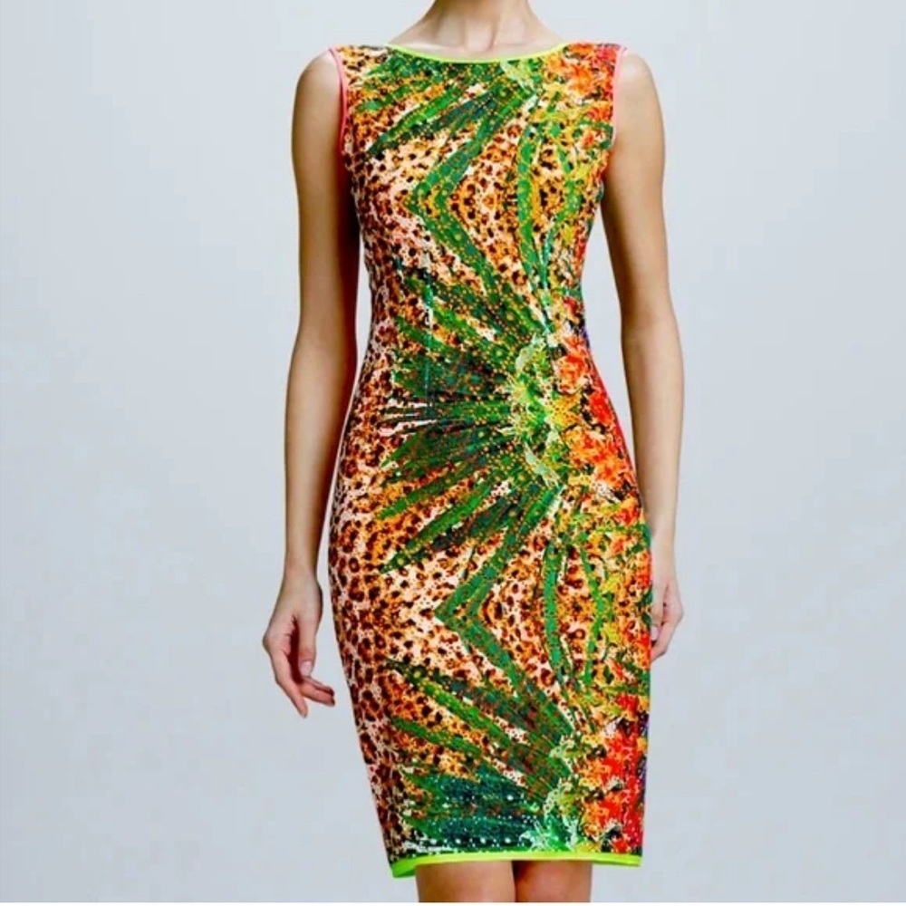 Elie Tahari tropical print Claudia dress size 8 leopard print eyelet neon